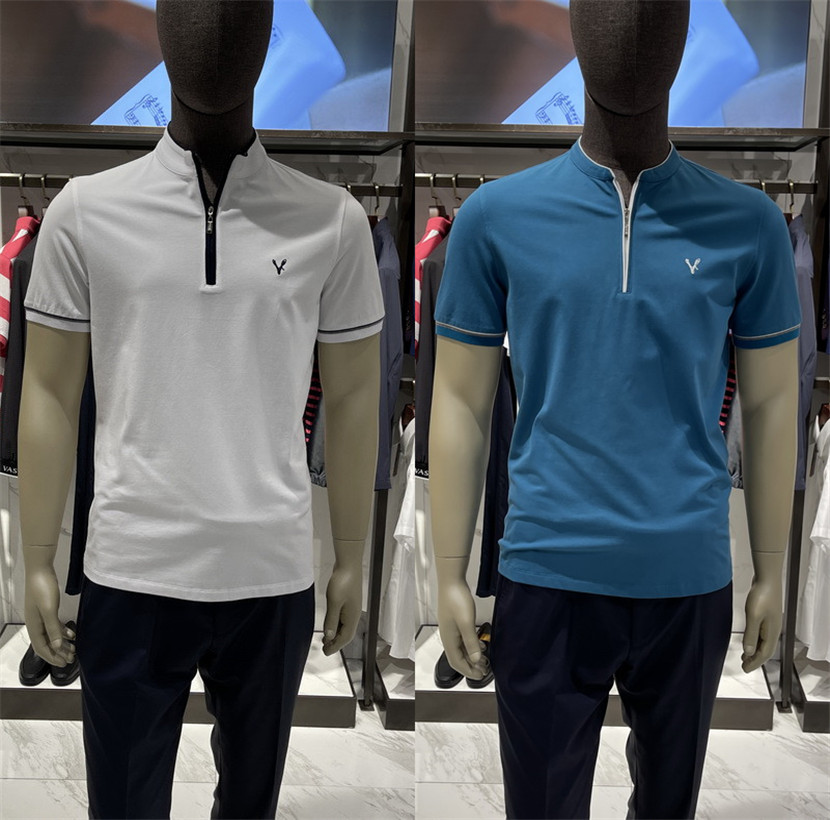 华斯度男装春夏白色拉链领时尚纯棉修身短袖T恤01E051703专柜1486