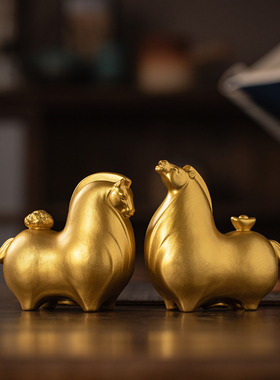 中式陶瓷马上有福金色小马摆件