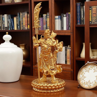 金色武财神关公摆件立刀莲花底家居办公室招财道具金属摆件工艺品