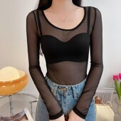 女春秋长袖 内搭薄款 网纱上衣百搭修身 蕾丝打底衫 黑色洋气圆领小衫