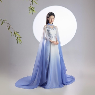 琴愫高端渐变色中国风成人古筝民乐艺考合唱中式 演出礼服层蓝 水袖