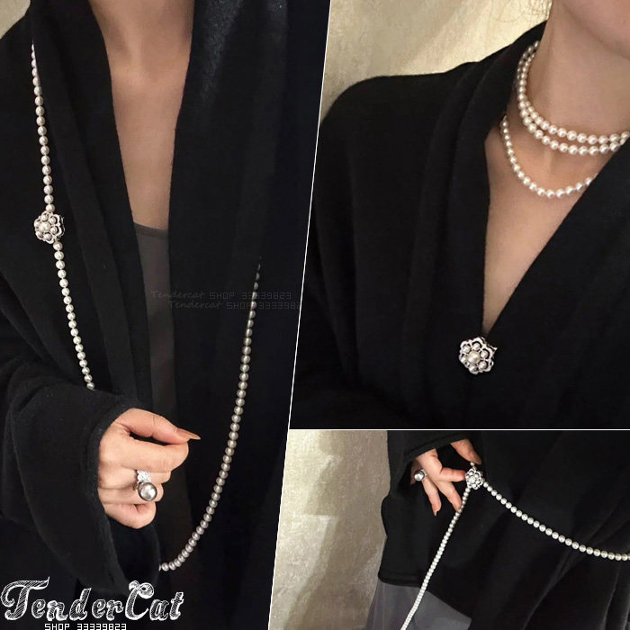 可拆卸水钻镂空花朵珍珠串长项链