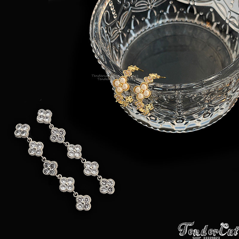 Cubic Clovers Earrings 珍珠四叶草水钻C形耳钉锆石花朵长坠耳环