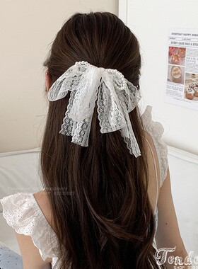 Bow hairpin 超仙珍珠装饰波浪边蕾丝蝴蝶结黑色发圈粗发绳