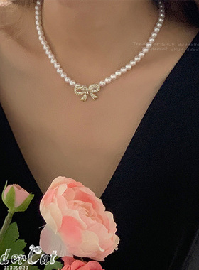 Winkle pearl cubic necklace 小香风镶钻蝴蝶结坠珍珠串项链