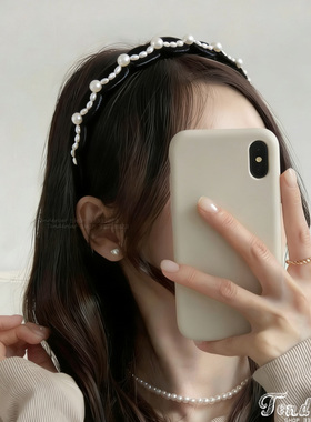 Pearl crown Hairband 椭圆珍珠手工皇冠波浪造型黑色带齿发箍