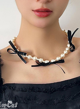 黑色缎带蝴蝶结珍珠串项链