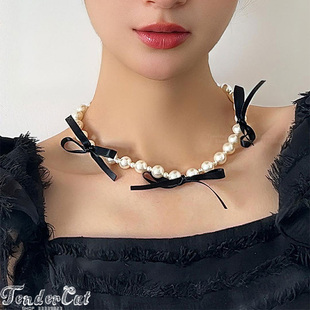 Pearl Drop Bow Choker Necklace 黑色缎带蝴蝶结珍珠串项链