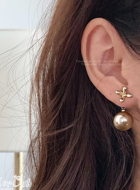 Flowe Pearl Drop earrings 小香风金属桂花耳钉香槟色珍珠坠耳环