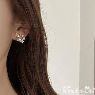 珍珠蝶恋花小圆环无痛无洞耳夹水钻花朵镂空小蝴蝶小巧圆圈耳钉