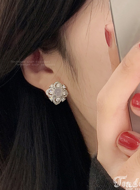 Cubic Flower Earrings 优雅水钻四叶草耳钉锆石花朵925银针耳环