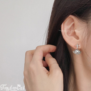 Cubic Saturn Earrings 彩色锆石土星坠十字架水钻环宇耳环 cross