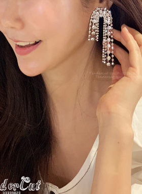 Splendidly earrings 层次感大小水钻不对称流苏坠U形长款耳环