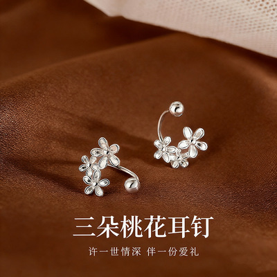 S999足银森系花朵螺丝耳钉耳钩女纯银养耳洞小花耳环高级感耳饰品