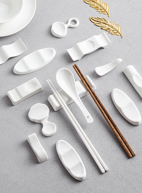 陶瓷筷子架酒店餐厅家用白色筷架托勺托摆台餐具两用多用金边筷枕