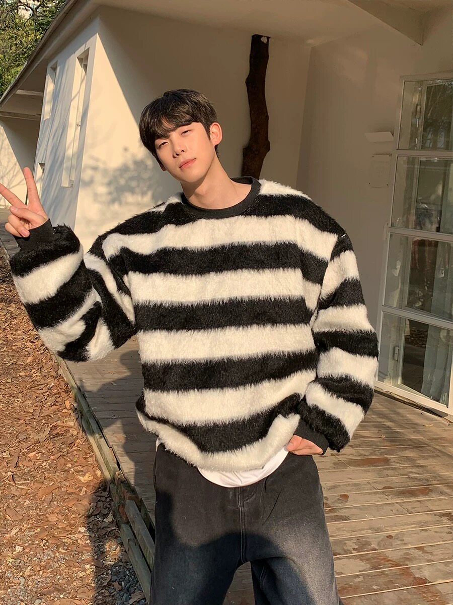 EKPE韩系条纹毛衣男秋冬季加厚保暖针织衫情侣装宽松慵懒风毛线衣