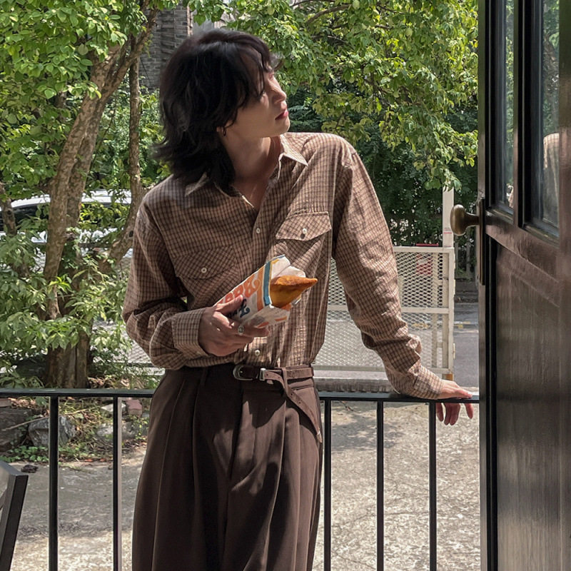 EKPE复古格子衬衫男长袖宽松休闲韩式穿搭潮流衬衣男女同款