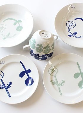日本mina perhonen 皆川明合作款 蓝花蝴蝶咖啡杯早餐杯平盘餐盘