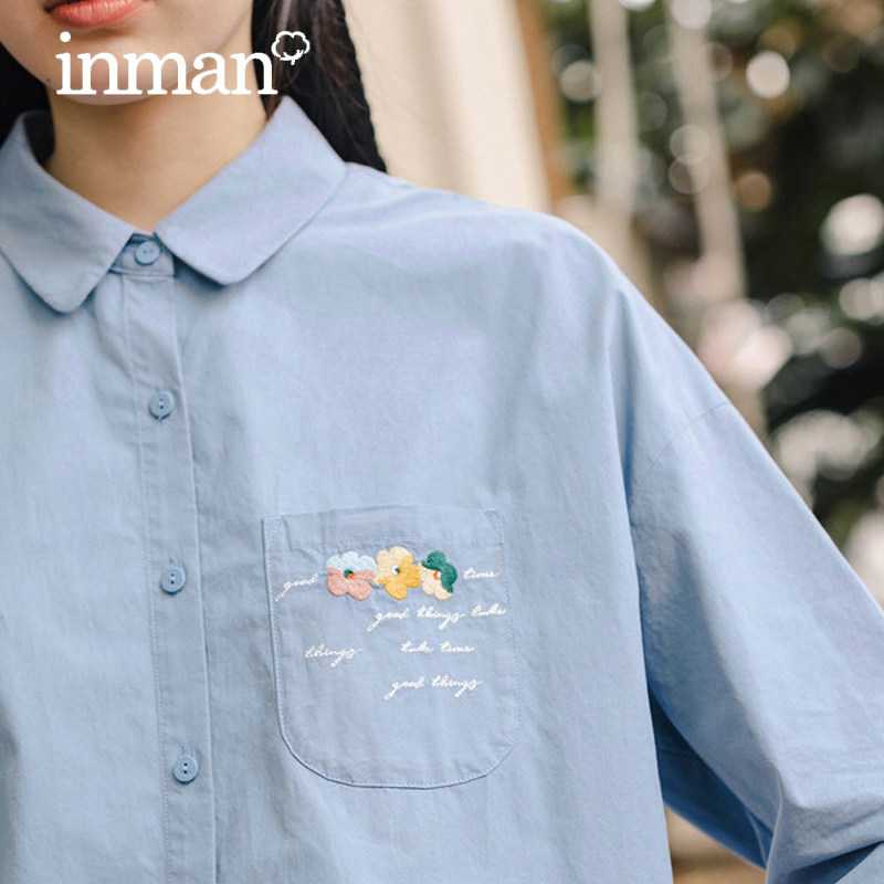 茵曼2020秋装新款棉质绣花衬衣长袖学生艺术字体学院风乖巧衬衫女