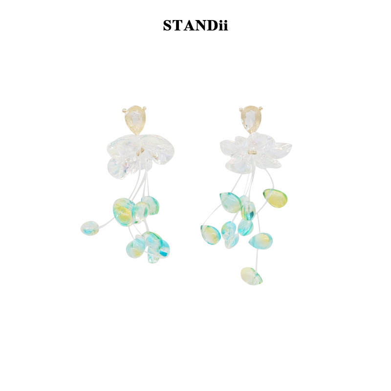 STANDii超仙法式绿色复古水晶流苏花朵耳环高级感小众耳钉
