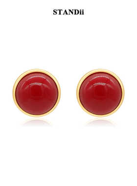 STANDii手作 复古红色圆形耳钉极简约高级感港风饰品女