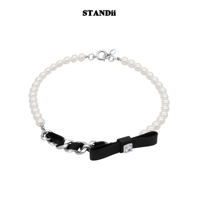 STANDii珍珠植绒蝴蝶结项链