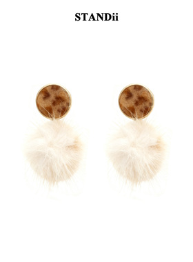 STANDii豹纹毛绒球耳环女时尚百搭圆形毛球耳饰保暖可爱