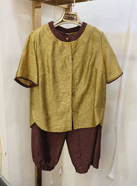 正品撞色盘扣宽松衬衣+压褶奶奶裤天丝两件套夏装女依丽玫瑰863