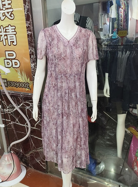 92615中老年妈妈印花修身裙子夏时尚薄款网纱裙中长款短袖连衣裙