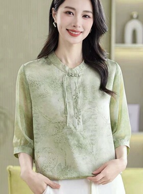 真丝绸缎黛玛睿杰613夏季新中式重工刺绣衬衫女短袖领桑蚕丝上衣