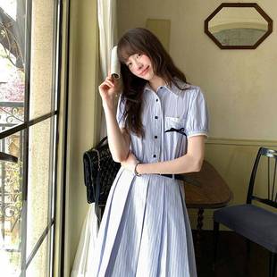 芝士日夏季 连衣裙 甜美学院风蓝色条纹长裙女收腰通勤气质修身 衬衫