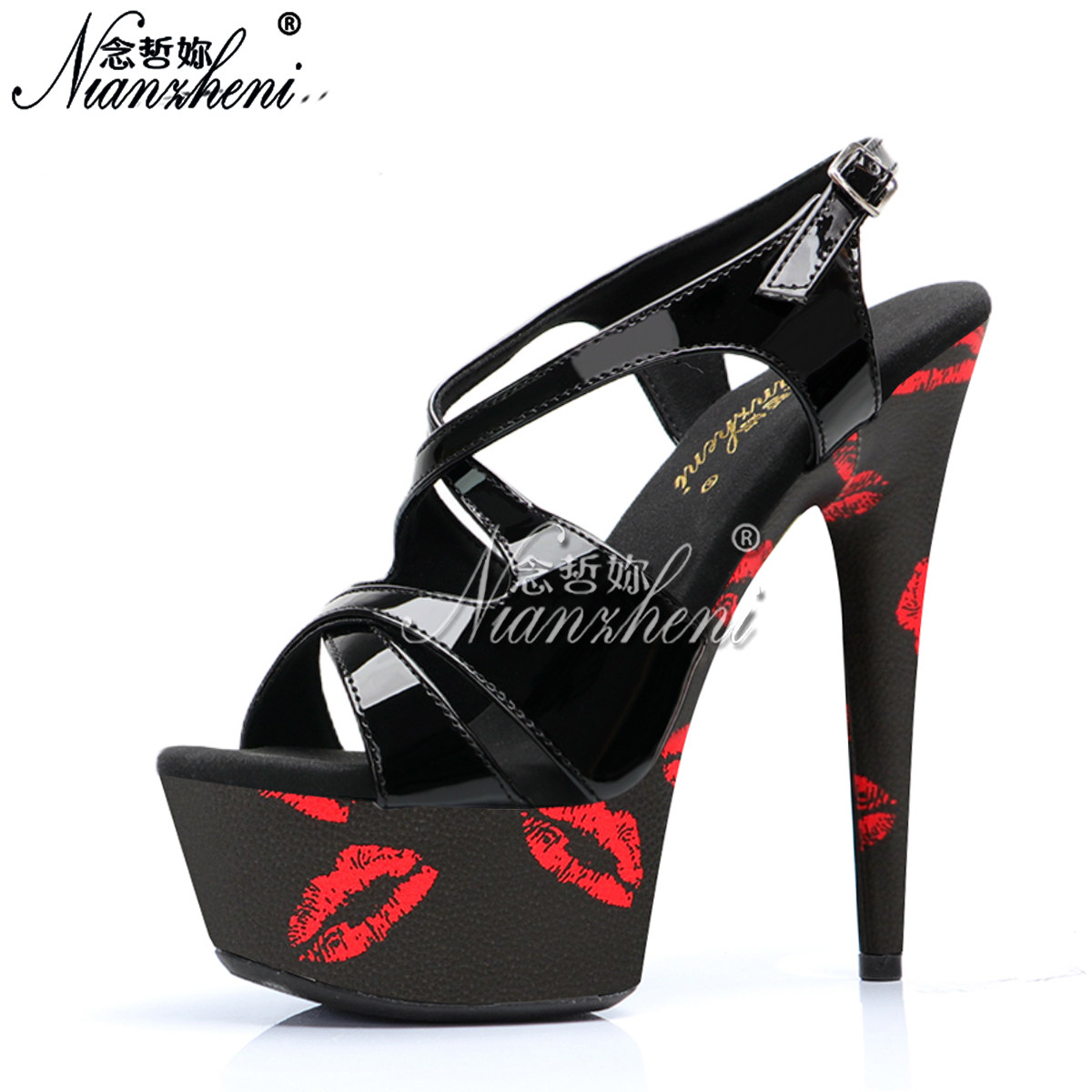 罗马镂空露趾漆皮凉鞋钢管舞高跟鞋模特走秀15公分超高细跟防水台