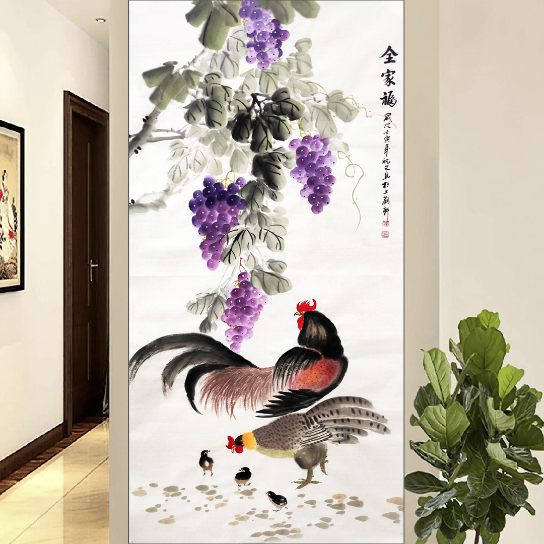 手绘国画花鸟画写意客厅玄关定制小六尺竖幅葡萄公鸡母鸡图全家福