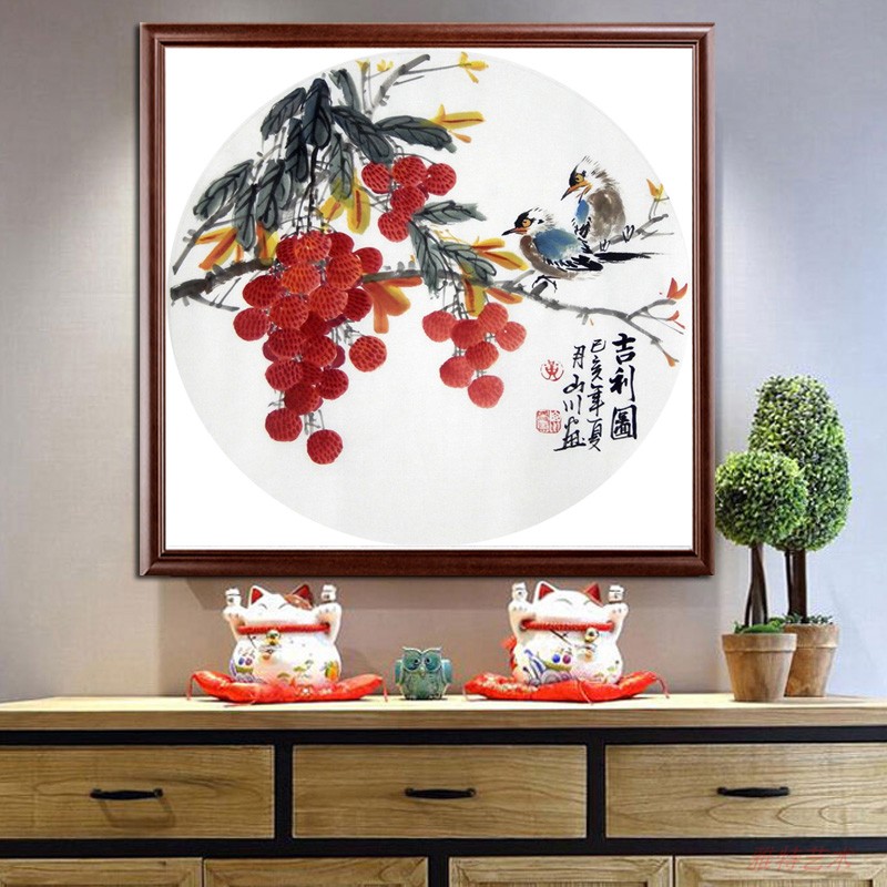 手绘柿子画圆形花鸟国画斗方餐厅荔枝紫藤牡丹石榴荷花装饰带木框图片