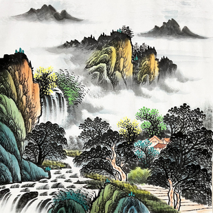 纯手绘国画四尺斗方无落款水墨山水画青山绿水源远流长办公室画10