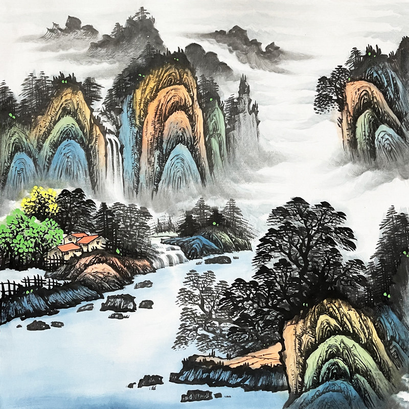 纯手绘国画四尺斗方无落款水墨山水画青山绿水 源远流长办公室画3