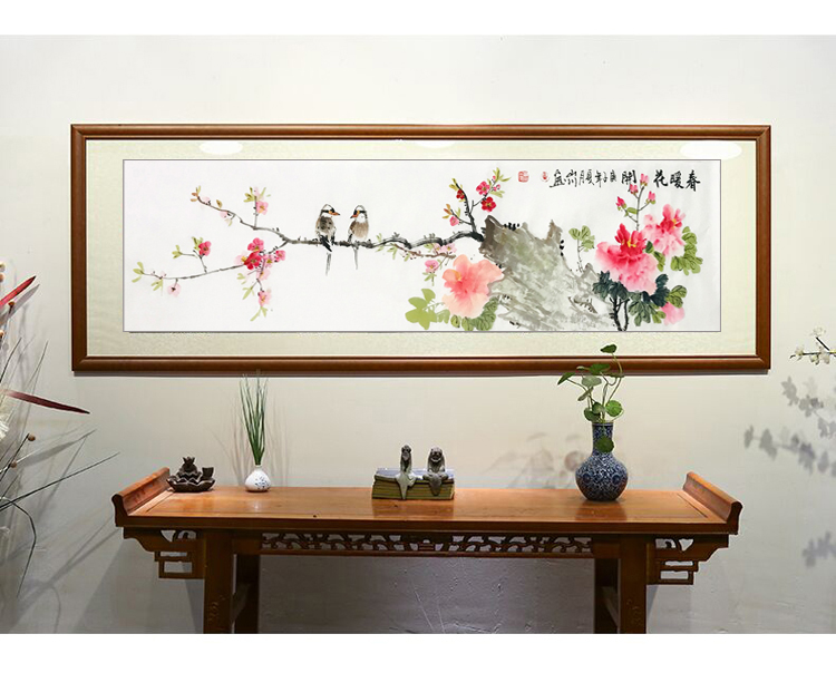 手绘真迹四尺对开水墨画国画卧室书房花鸟挂画装饰横幅牡丹桃花图图片