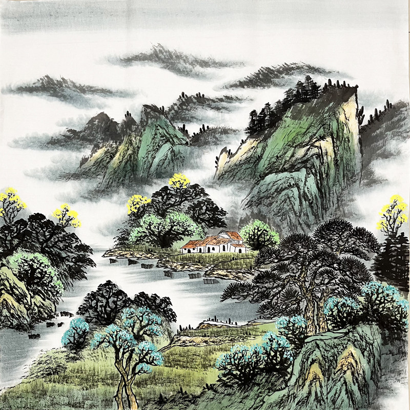 纯手绘国画四尺斗方无落款水墨山水画青山绿水 源远流长办公室画6