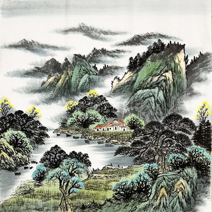 纯手绘国画四尺斗方无落款水墨山水画青山绿水 源远流长办公室画6