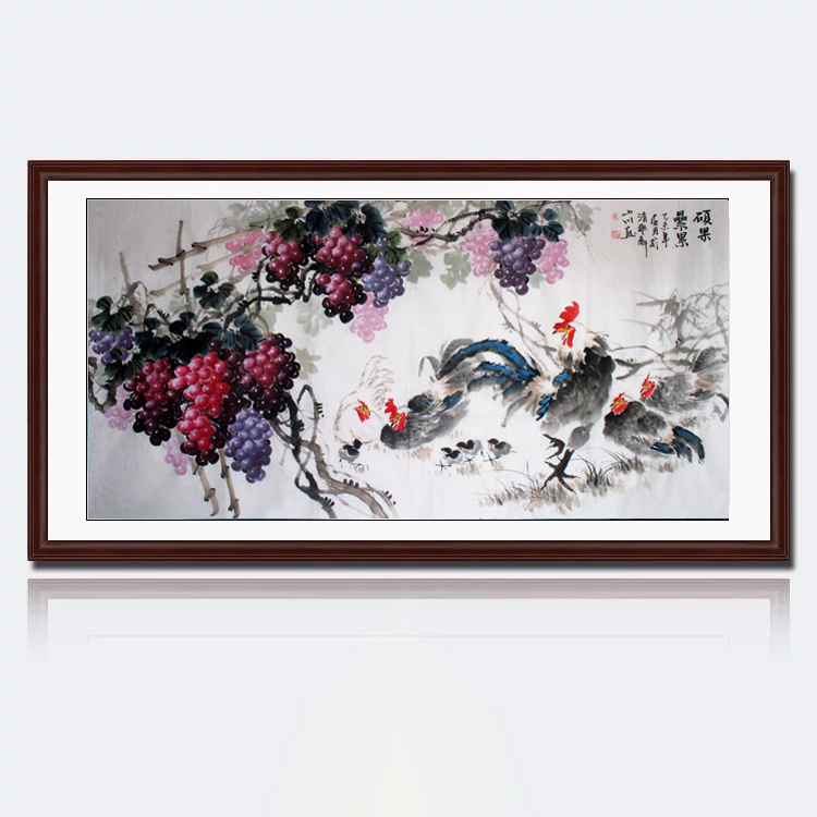 国画纯手绘花鸟字画六尺横幅葡萄公鸡硕果累累写意水墨餐厅装饰画