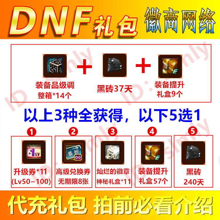 DNF礼包升级券11张+黑砖37天+装备提升礼盒+增幅器高级装扮兑换券