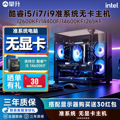 攀升无显卡海景房电脑主机12600KF/13400/14400F/14600KF/270K/265KF 台式DIY组装机可搭50系显卡