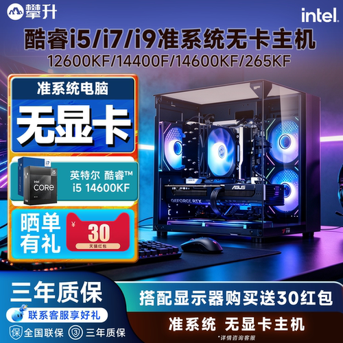 攀升无显卡海景房电脑主机12600KF/13400/14400F/14600KF/270K/265KF 台式DIY组装机可搭50系显卡