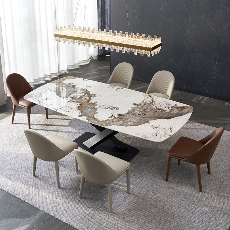 轻奢岩板餐桌意式极简现代简约高端亮光面长方形潘多拉餐桌椅组合