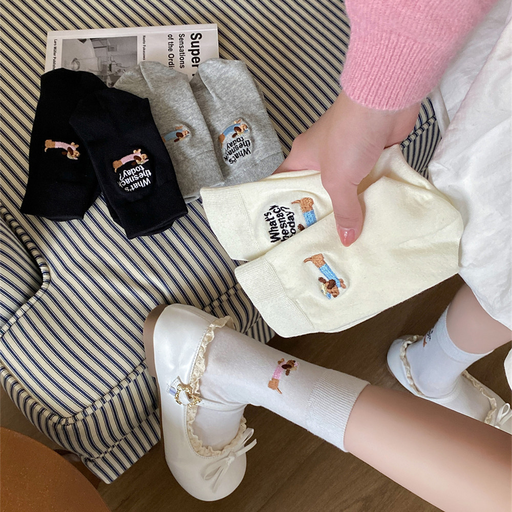 腊肠狗刺绣字母纯棉女士中筒袜 舒适  全店5双包邮