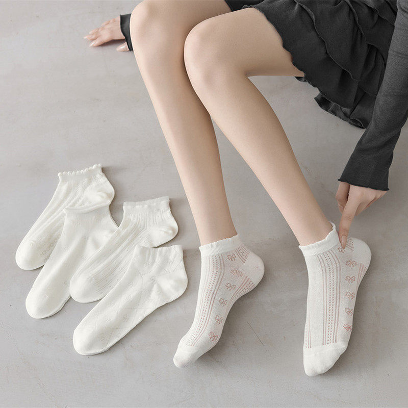 女士白色镂空薄短袜 棉 透气纯色基础款 全店5双包邮