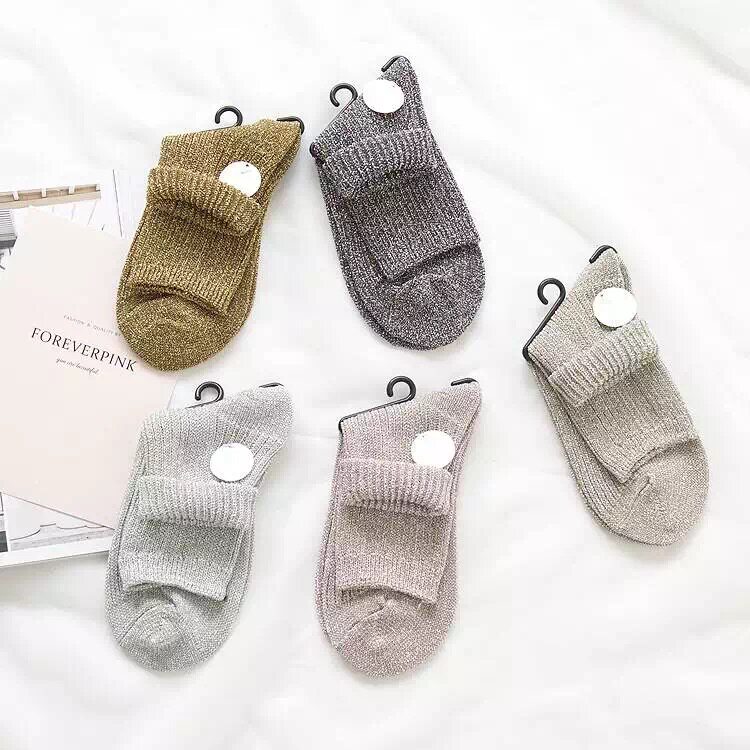 包邮 奢华粗线金丝重工女袜 中筒毛线袜 纯色