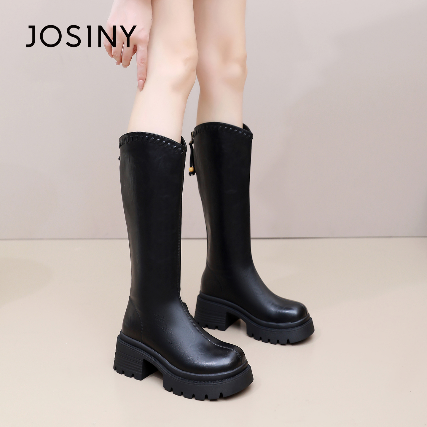 卓诗尼2025秋冬新款粗跟长筒靴时尚舒适显瘦女靴潮流后拉链骑士靴