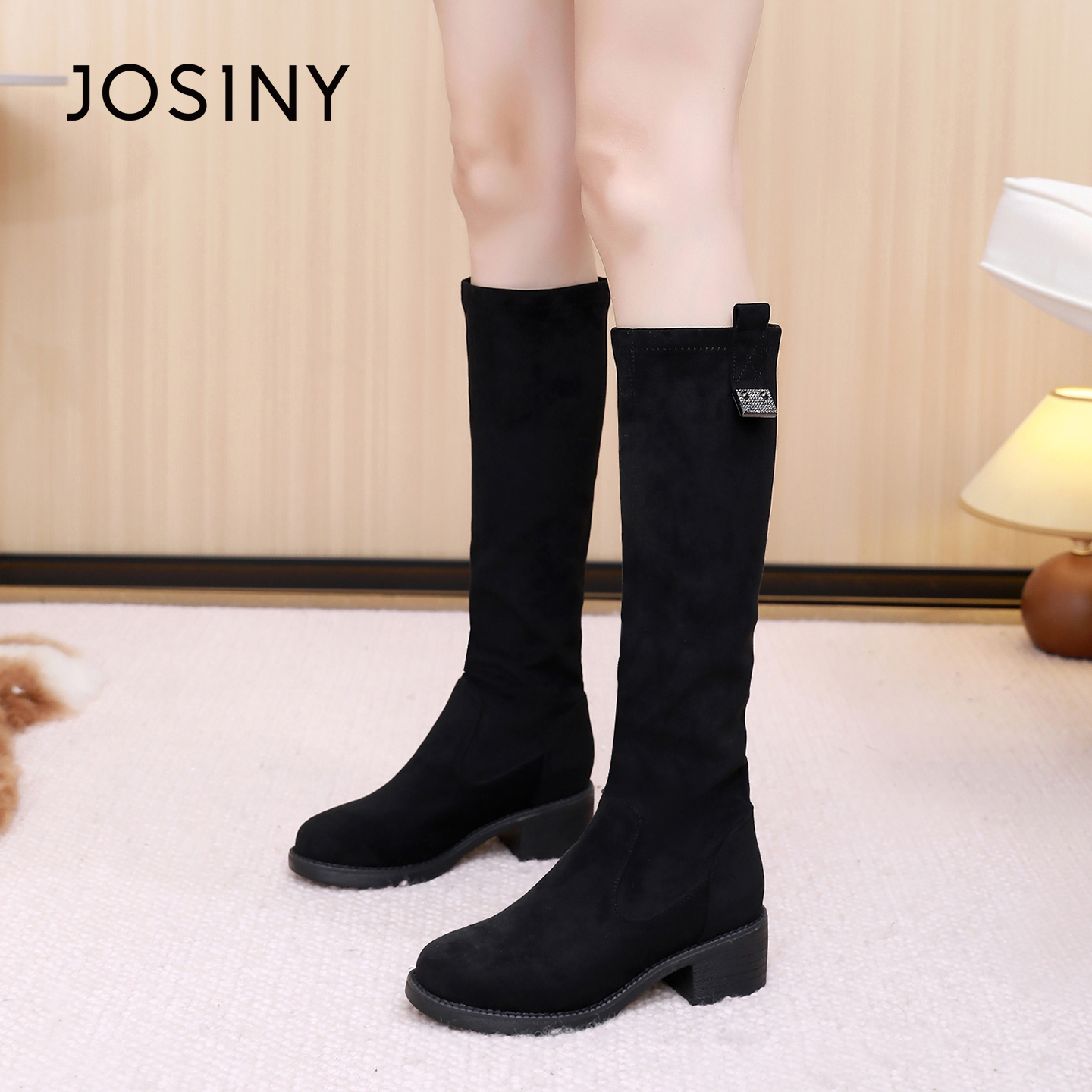 卓诗尼2025秋冬新款粗跟长筒靴时尚舒适气质高筒靴潮流显瘦弹力靴