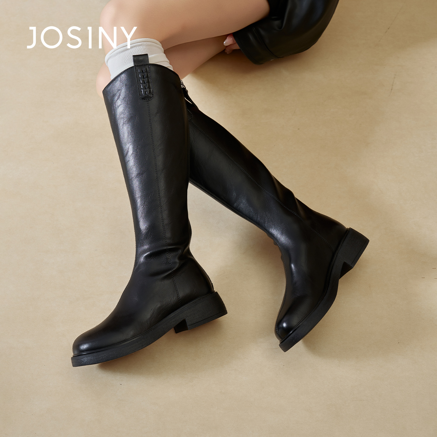 卓诗尼2025秋冬新款后拉链骑士靴时尚舒适显瘦高筒靴百搭长筒靴女